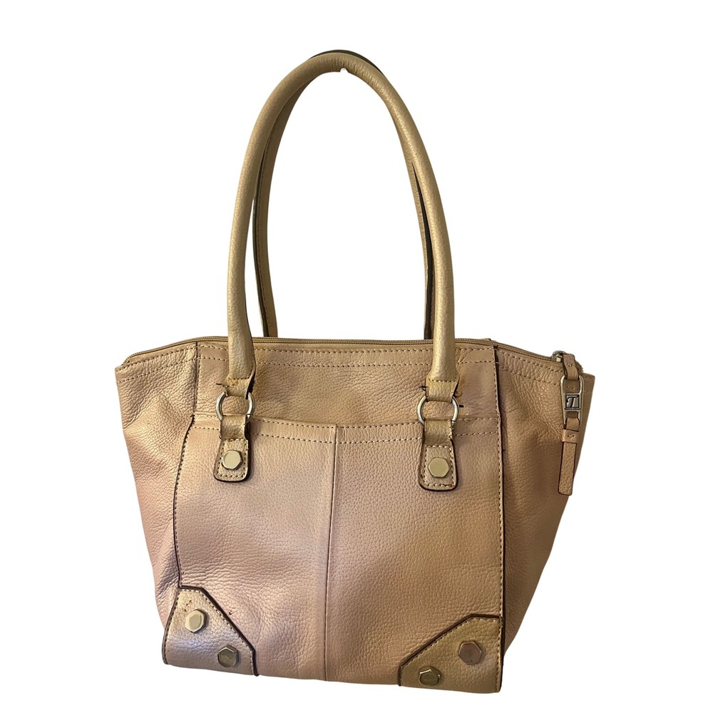 Tignanello Satchel Handbag Rose Gold Leather Metallic Studded Top Shoulder Bag